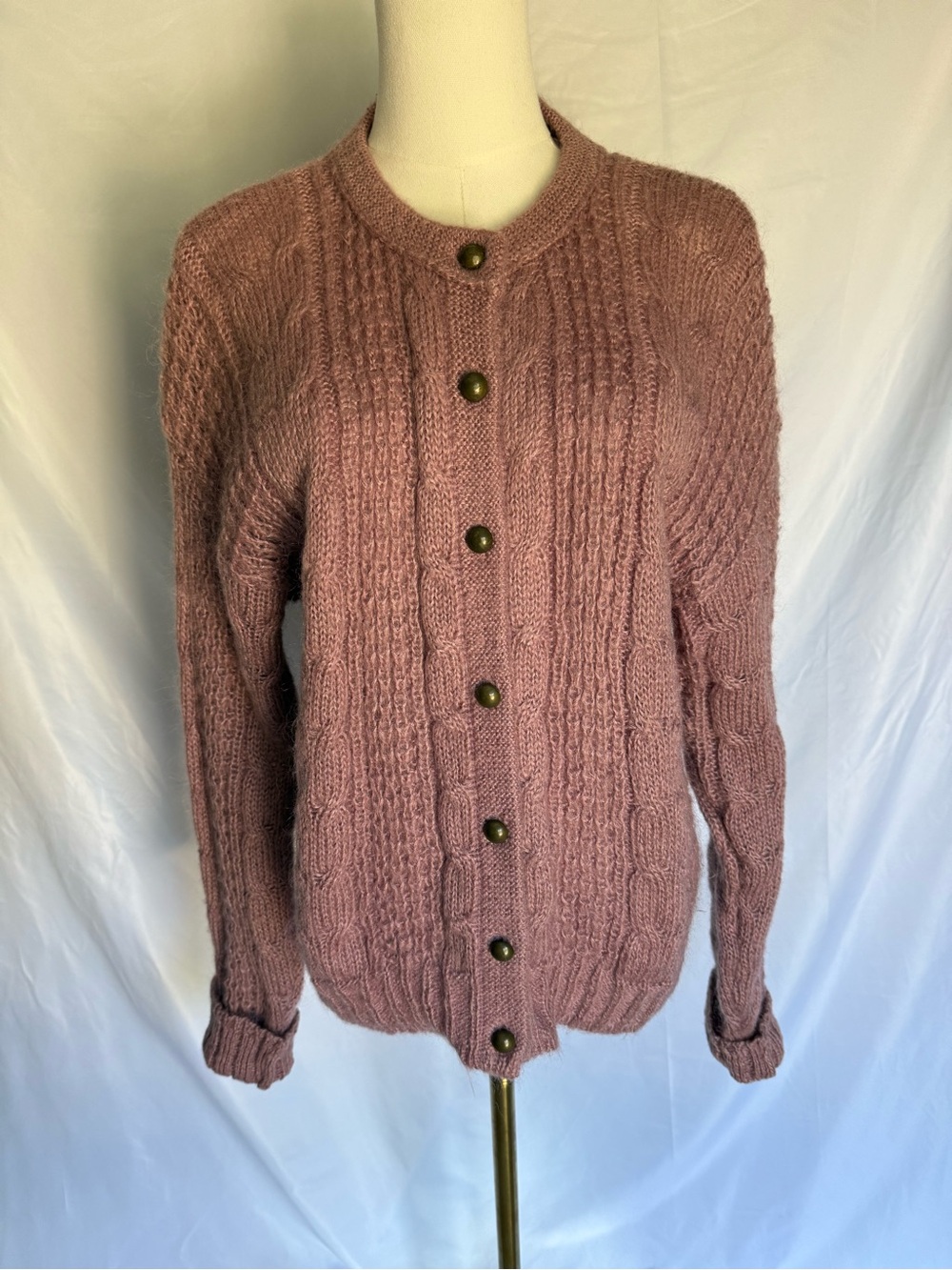 Vintage Forenza Mohair Blend Cable Knit Button Cardigan Sweater Mauve Large